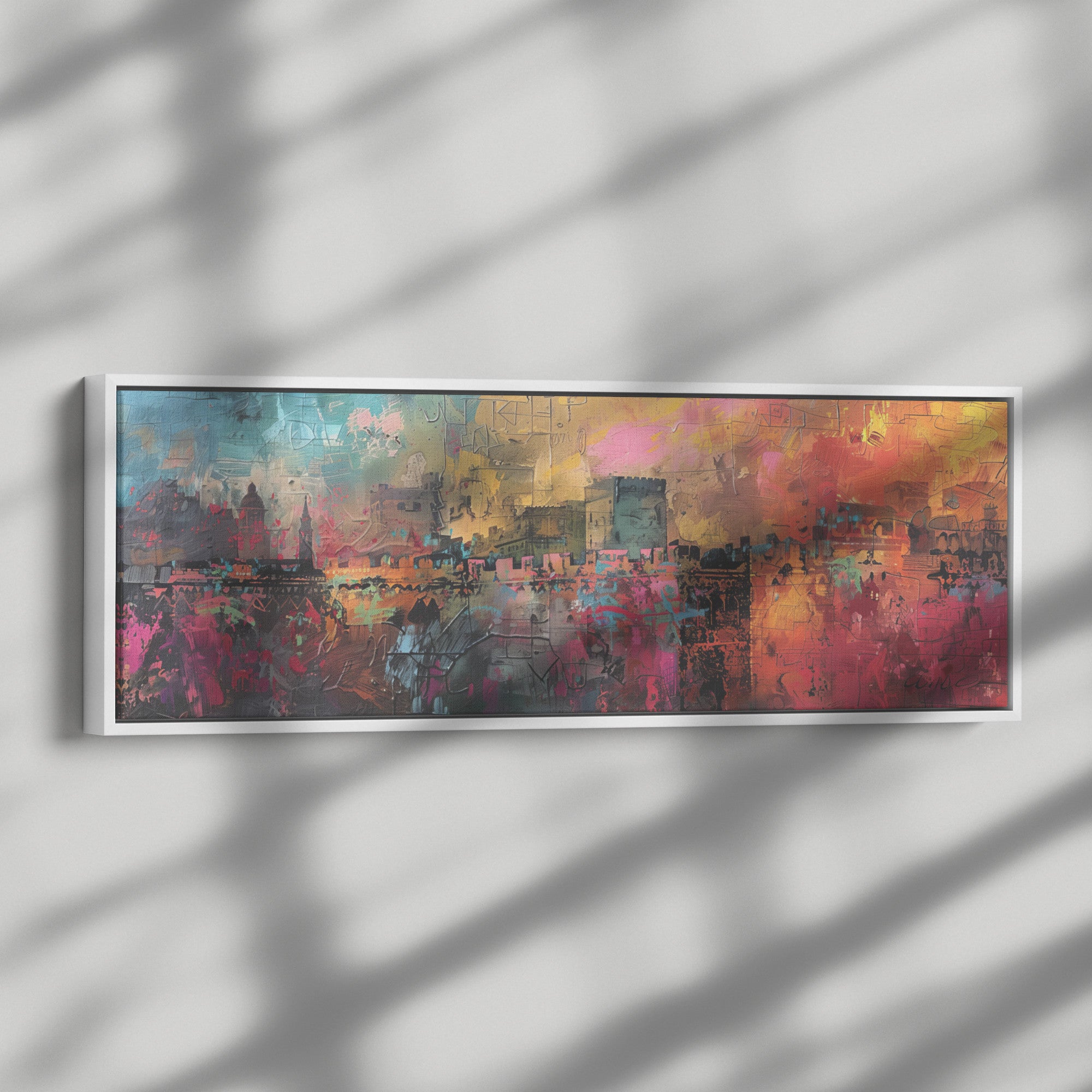 Abstract Jerusalem Painting Panoramic Framed Canvas Ready to Hang, Jerusalem Art Canvas Judaica Wall Art Home Decor, Jewish Painting Wall Decor