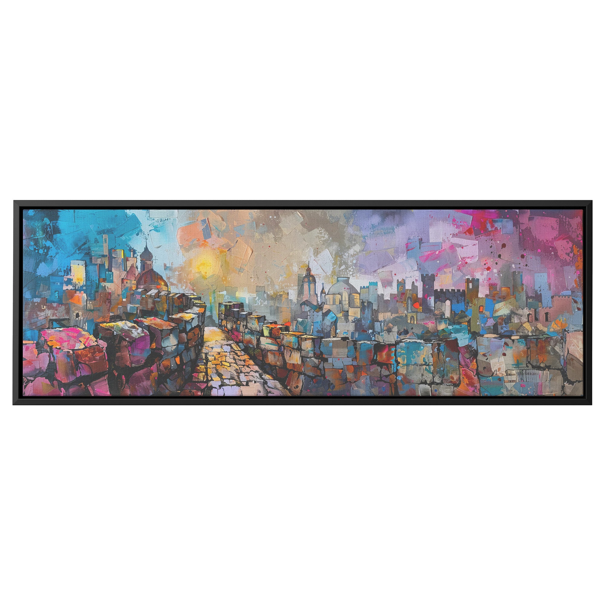 Jerusalem Painting Panoramic Framed Canvas Ready to Hang, Jerusalem Art Canvas Judaica Wall Art Home Decor Jewish Original Painting