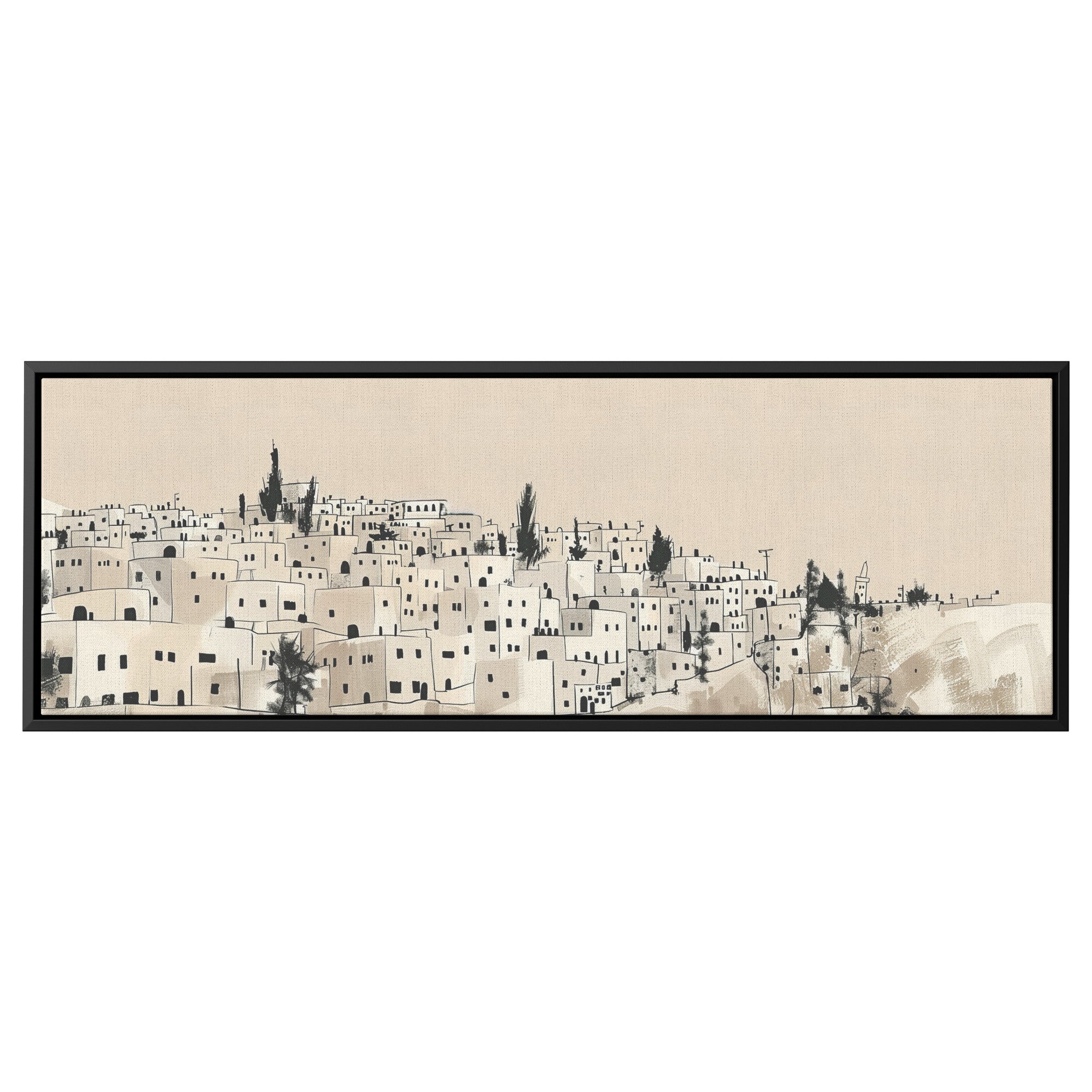 Jerusalem Painting Panoramic Framed Canvas Ready to Hang, Jerusalem Art Canvas Judaica Wall Art Home Decor, Jewish Painting Wall Decor