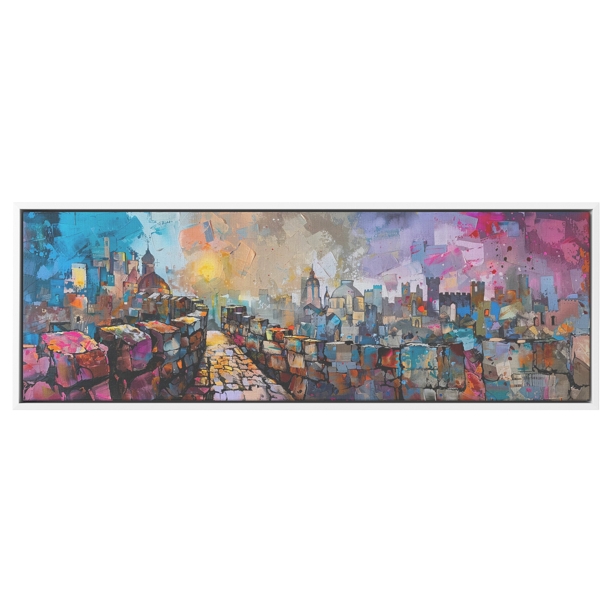 Jerusalem Painting Panoramic Framed Canvas Ready to Hang, Jerusalem Art Canvas Judaica Wall Art Home Decor Jewish Original Painting