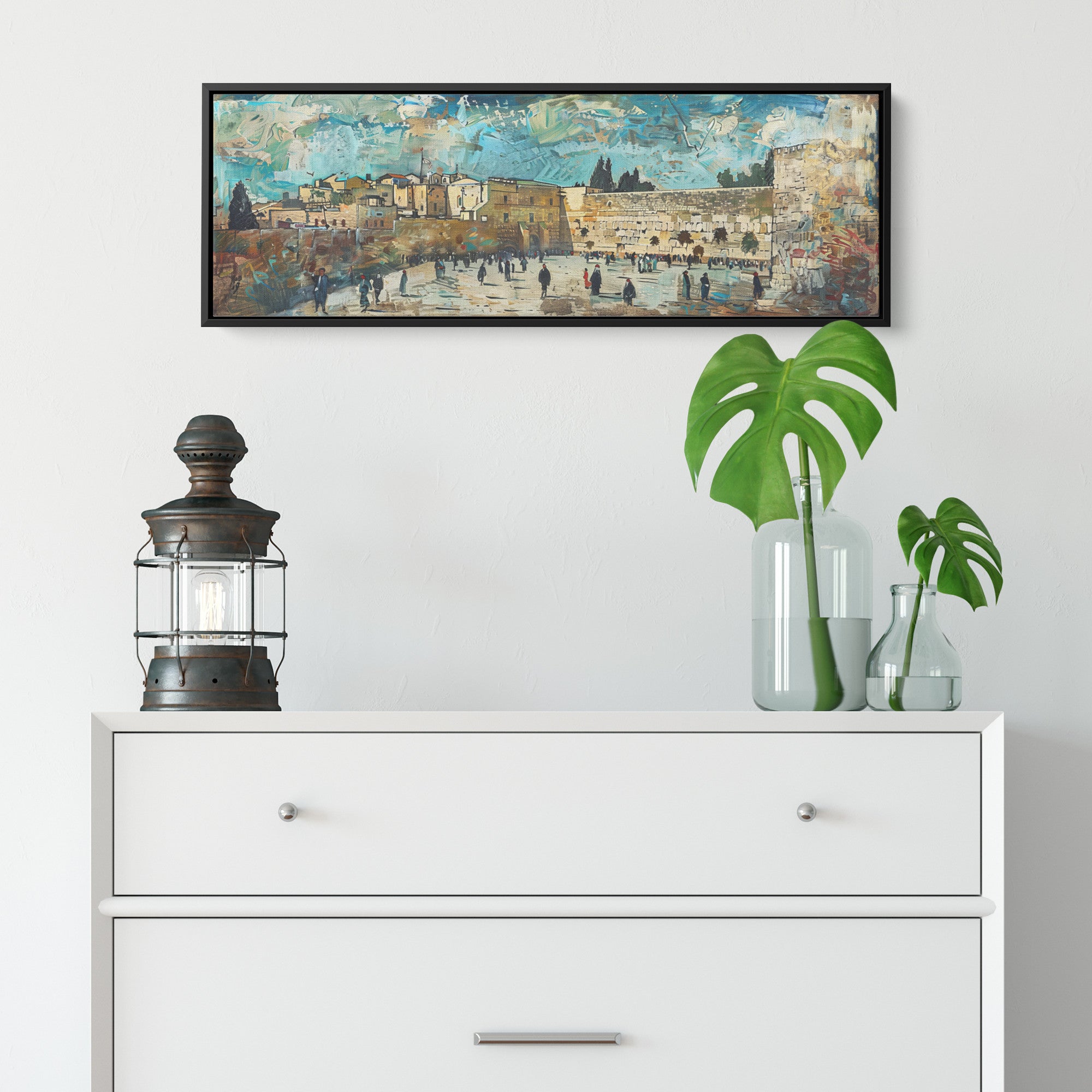 Kotel Painting Panoramic Framed Canvas Ready to Hang, Jerusalem Art Canvas Judaica Wall Art Home Decor Jewish Original Painting