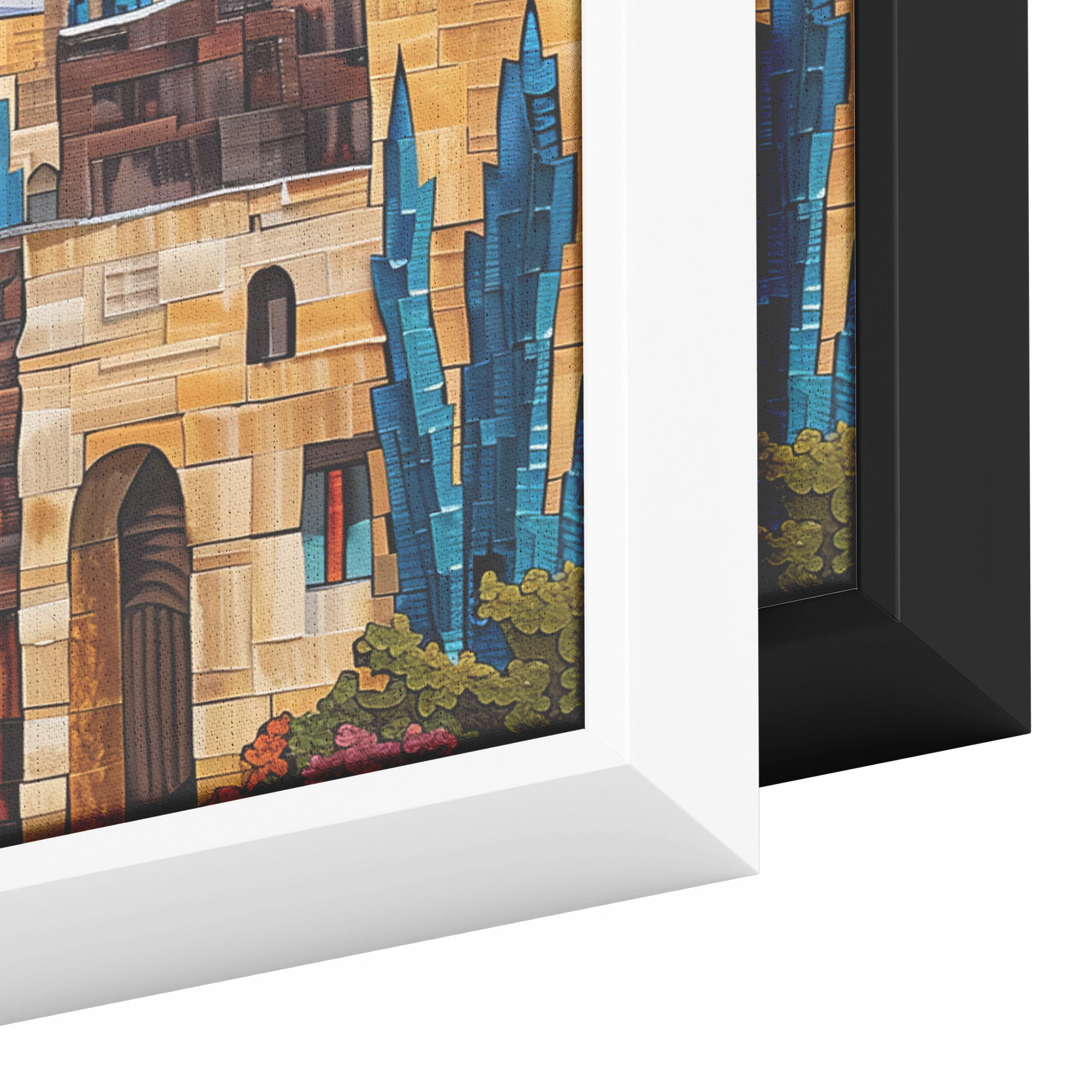Old City Painting Panoramic Framed Canvas Ready to Hang, Jerusalem Art Canvas Judaica Wall Art Home Decor Jewish Original Painting