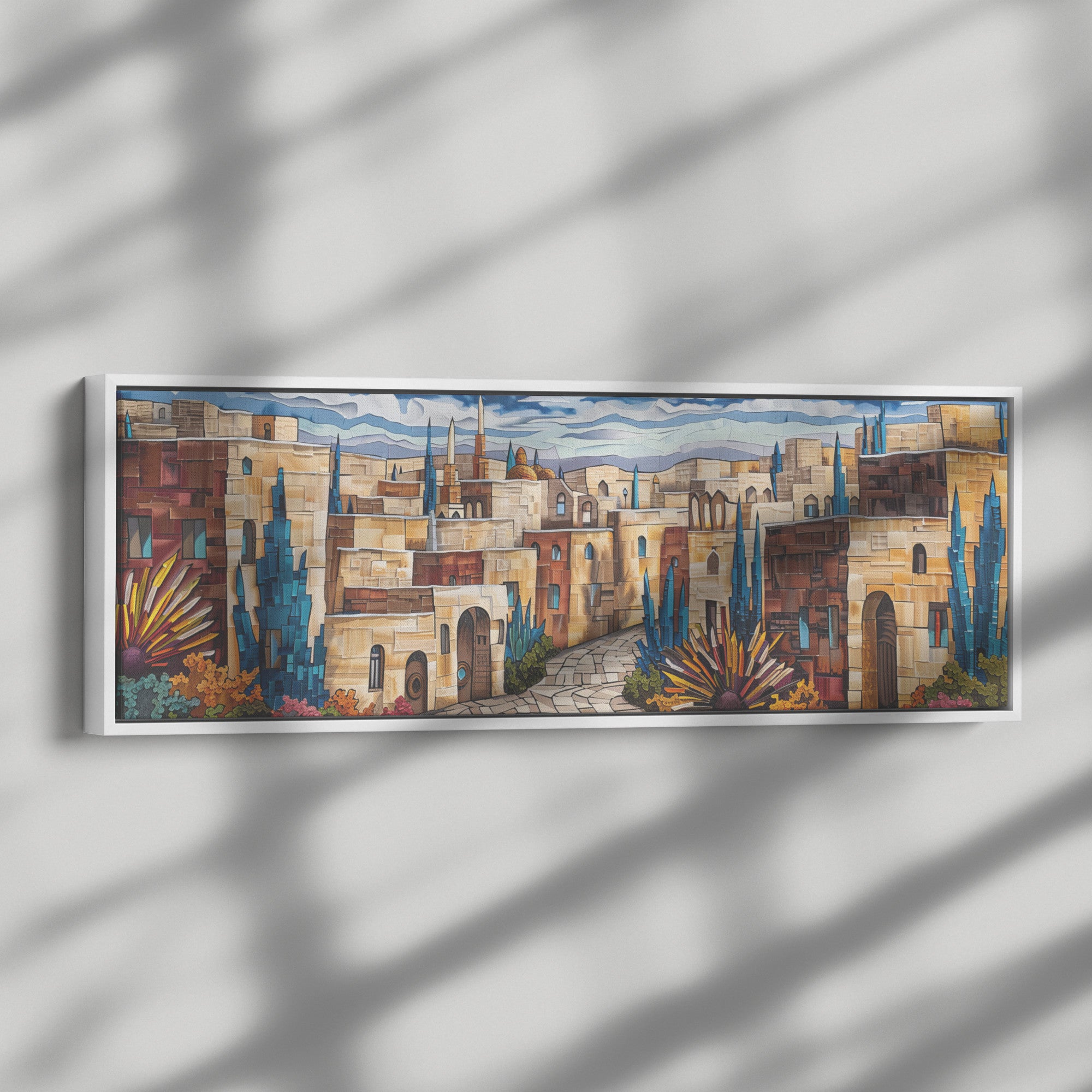 Old City Painting Panoramic Framed Canvas Ready to Hang, Jerusalem Art Canvas Judaica Wall Art Home Decor Jewish Original Painting