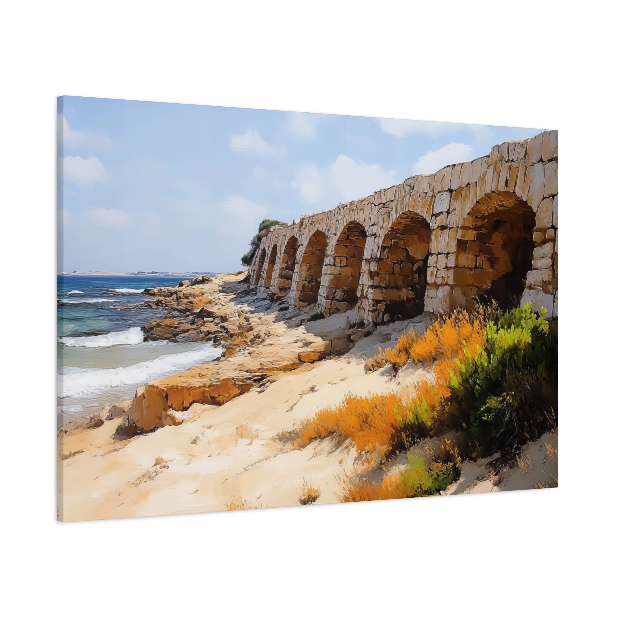 Israel Caesarea Aqueduct Painting Canvas, Israeli Coast Wall Art