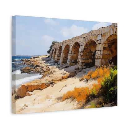 Israel Caesarea Aqueduct Painting Canvas, Israeli Coast Wall Art