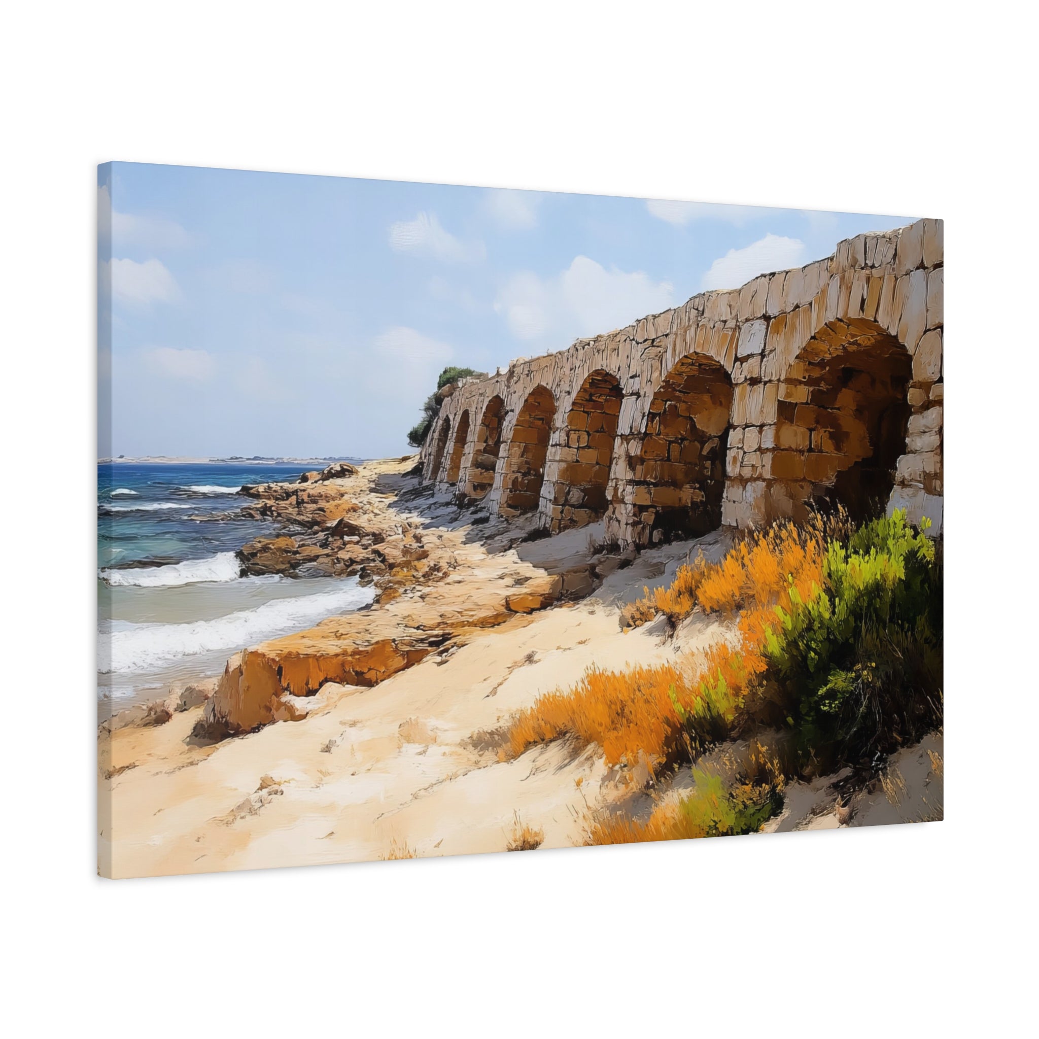 Israel Caesarea Aqueduct Painting Canvas, Israeli Coast Wall Art