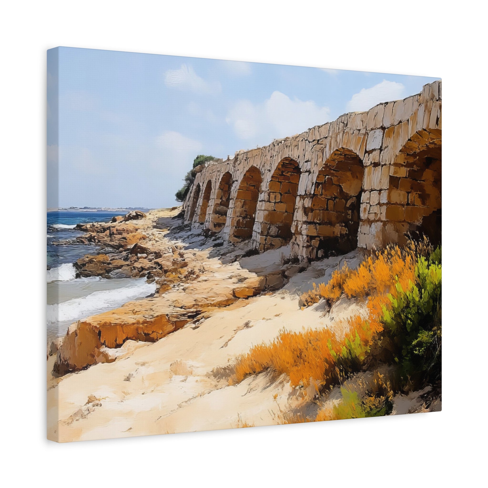 Israel Caesarea Aqueduct Painting Canvas, Israeli Coast Wall Art