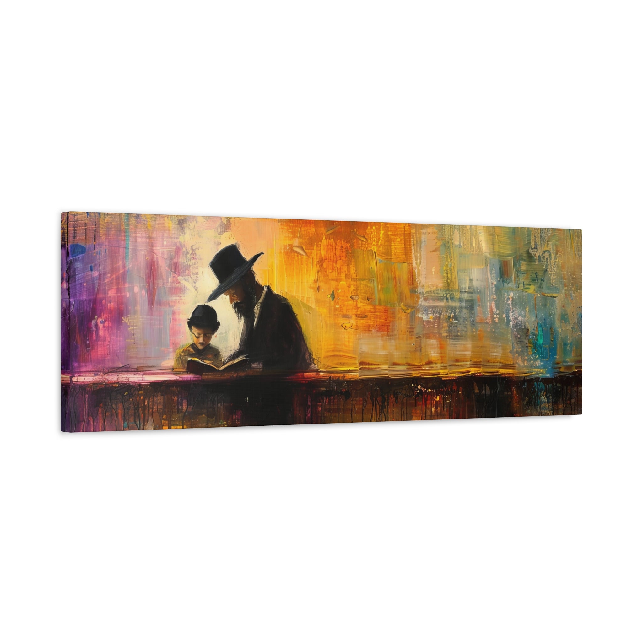 Rabbi and Kid Learning Painting Panoramic Canvas Abstract Rabbi Art