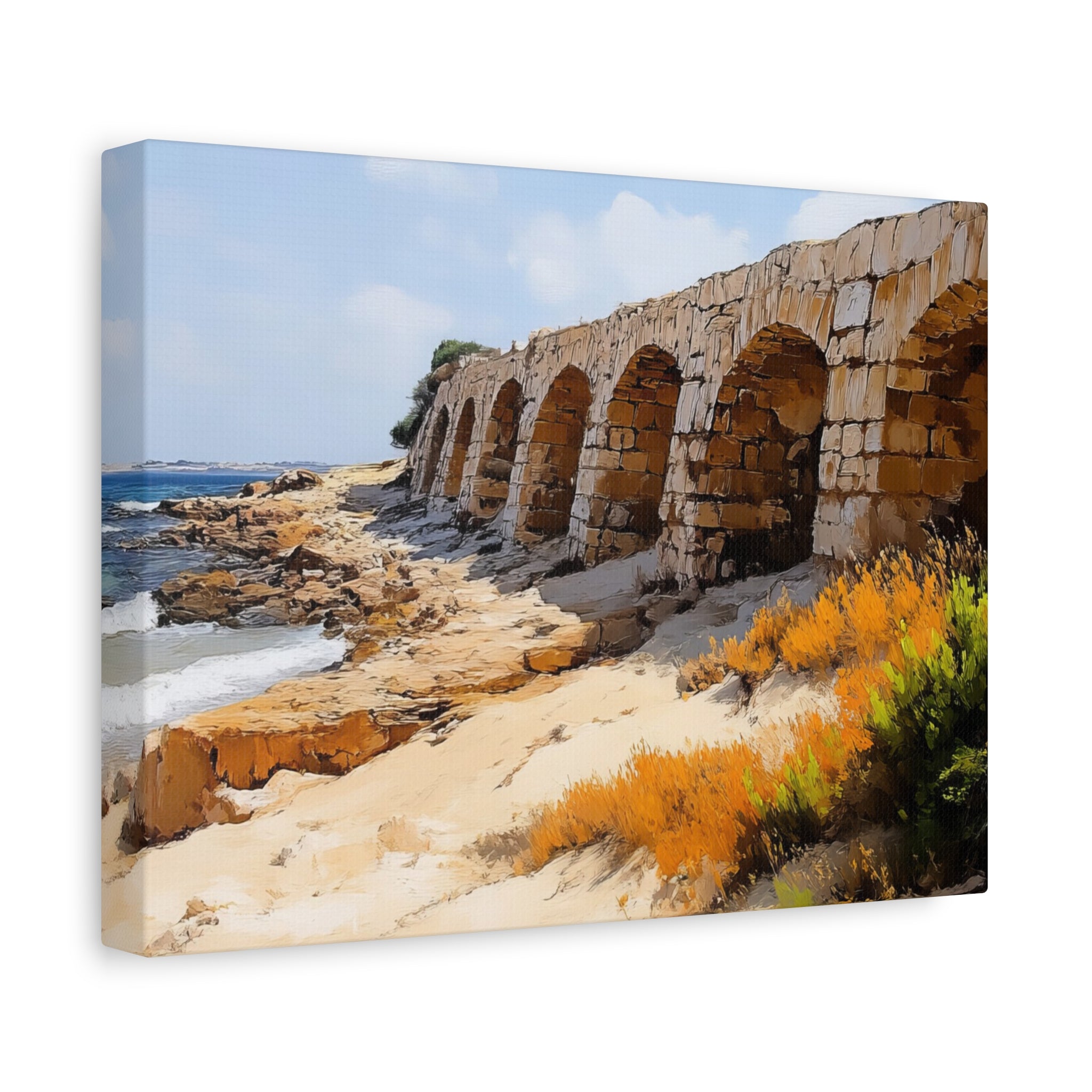 Israel Caesarea Aqueduct Painting Canvas, Israeli Coast Wall Art