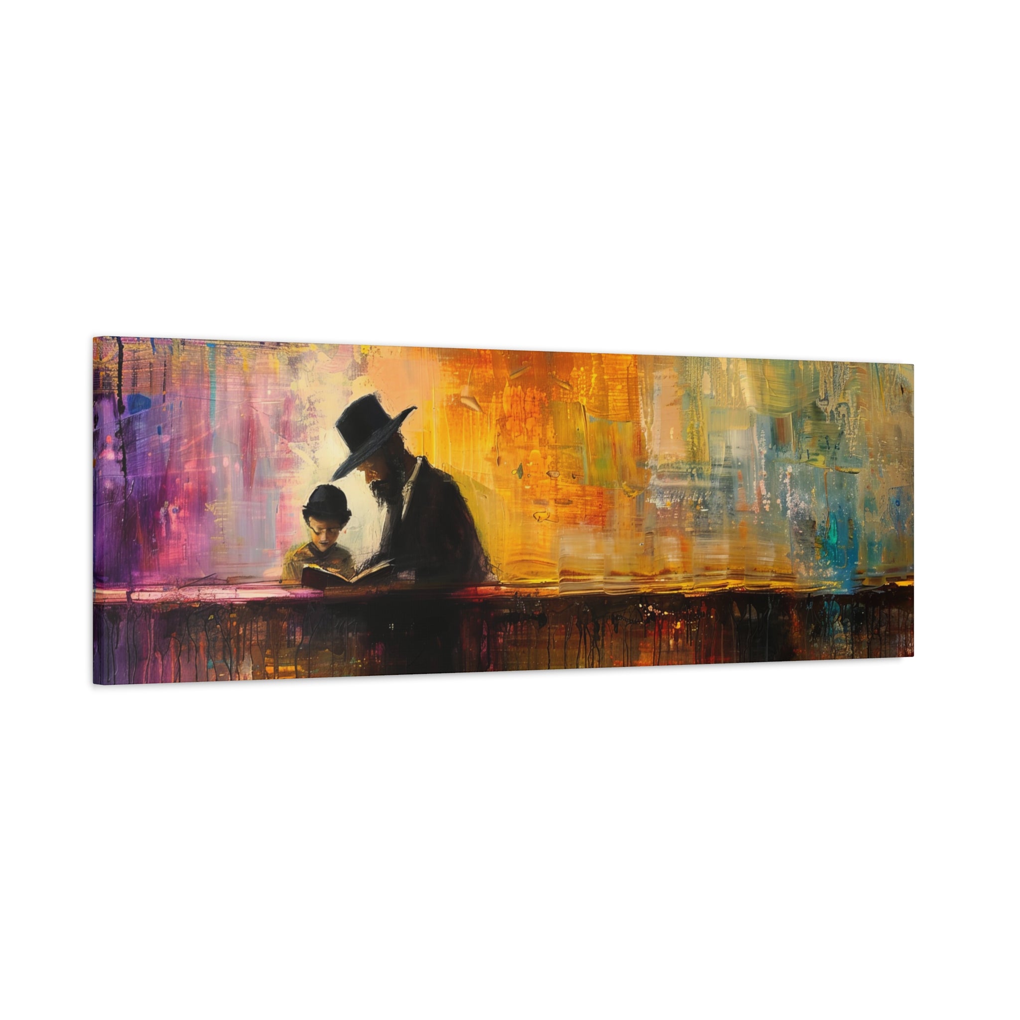 Rabbi and Kid Learning Painting Panoramic Canvas Abstract Rabbi Art