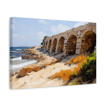 Israel Caesarea Aqueduct Painting Canvas, Israeli Coast Wall Art