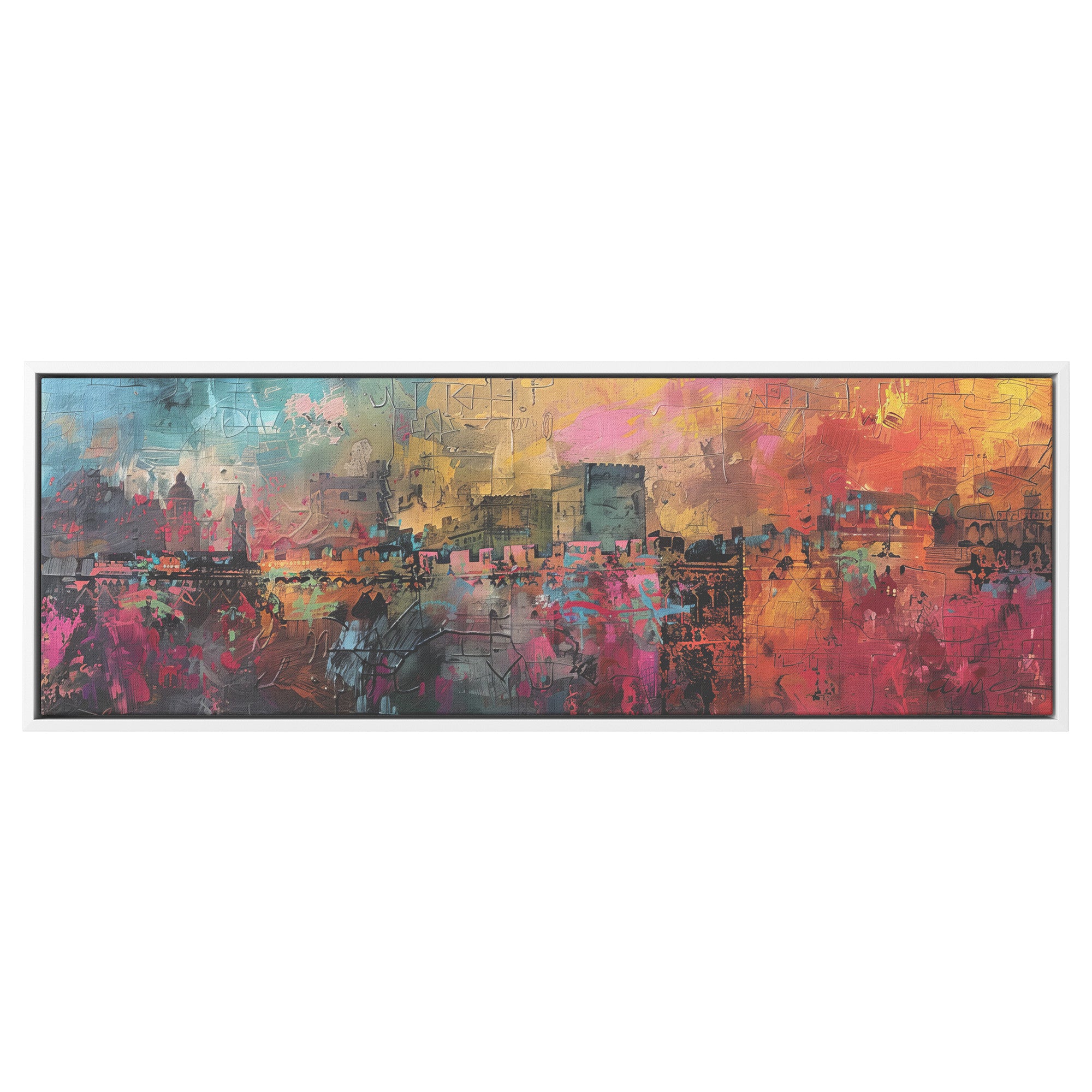 Abstract Jerusalem Painting Panoramic Framed Canvas Ready to Hang, Jerusalem Art Canvas Judaica Wall Art Home Decor, Jewish Painting Wall Decor