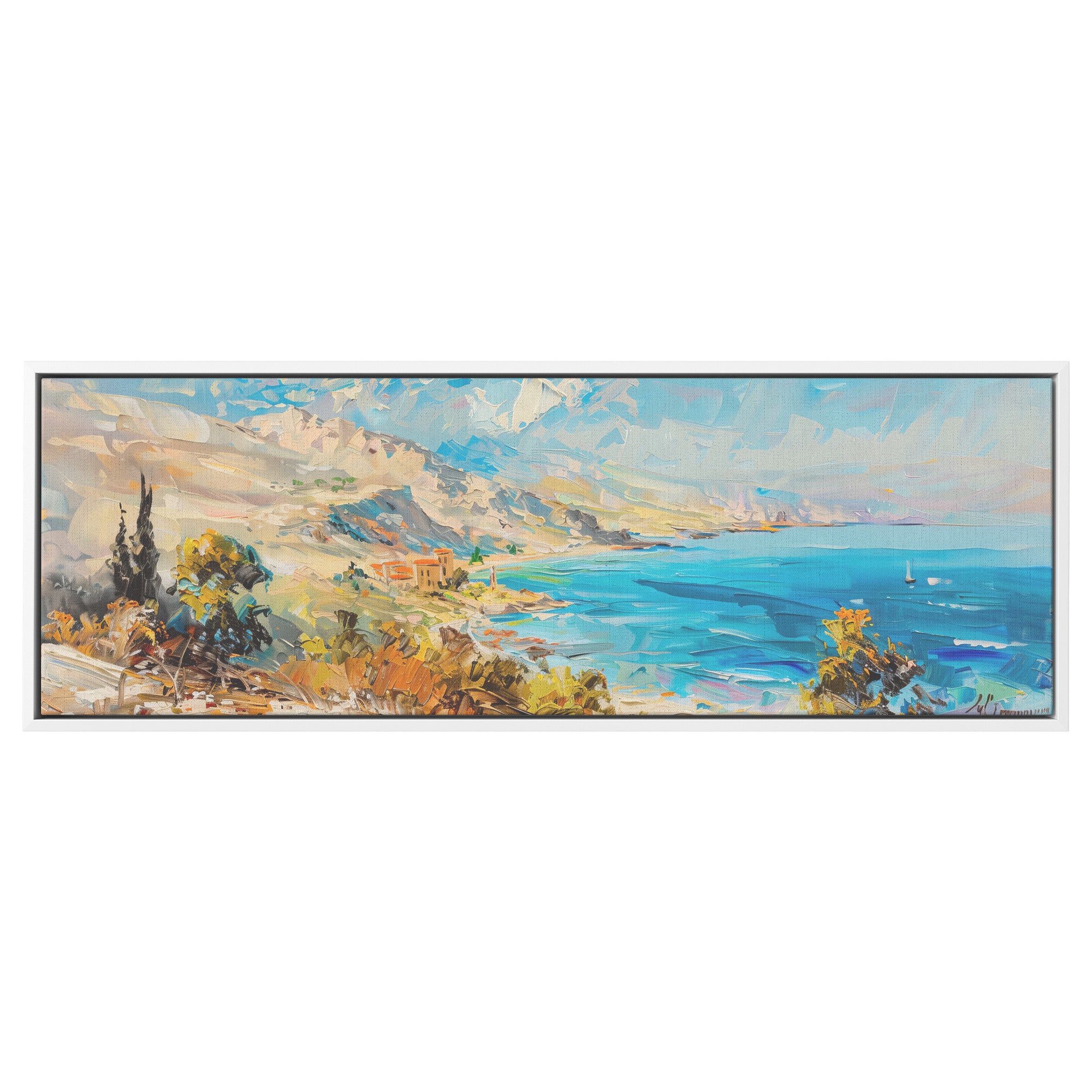 Israel Coast Painting Panoramic Framed Canvas Ready to Hang, Israeli Art Canvas Israel Wall Art Home Decor, Judaica Painting Wall Decor