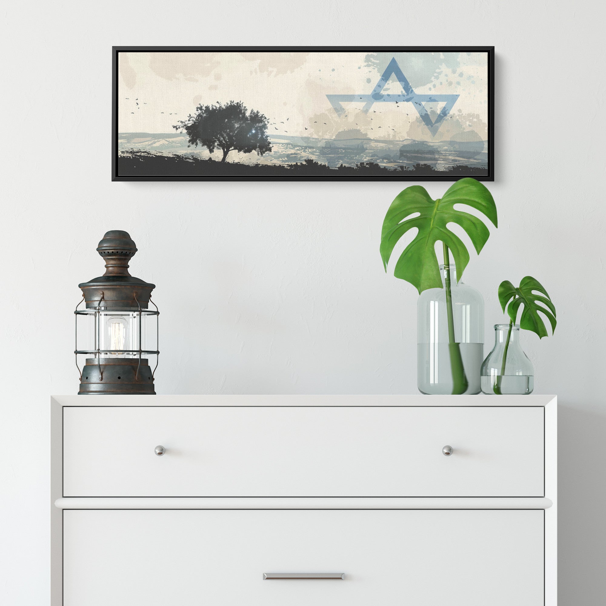 ציור נוף ישראלי בד קנבס ממוסגר פנורמי מוכן לתלייה, קנבס אמנות ישראלית אמנות קיר אמנות הבית, עיצוב קירות יודאיקה