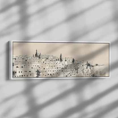 Jerusalem Painting Panoramic Framed Canvas Ready to Hang, Jerusalem Art Canvas Judaica Wall Art Home Decor, Jewish Painting Wall Decor