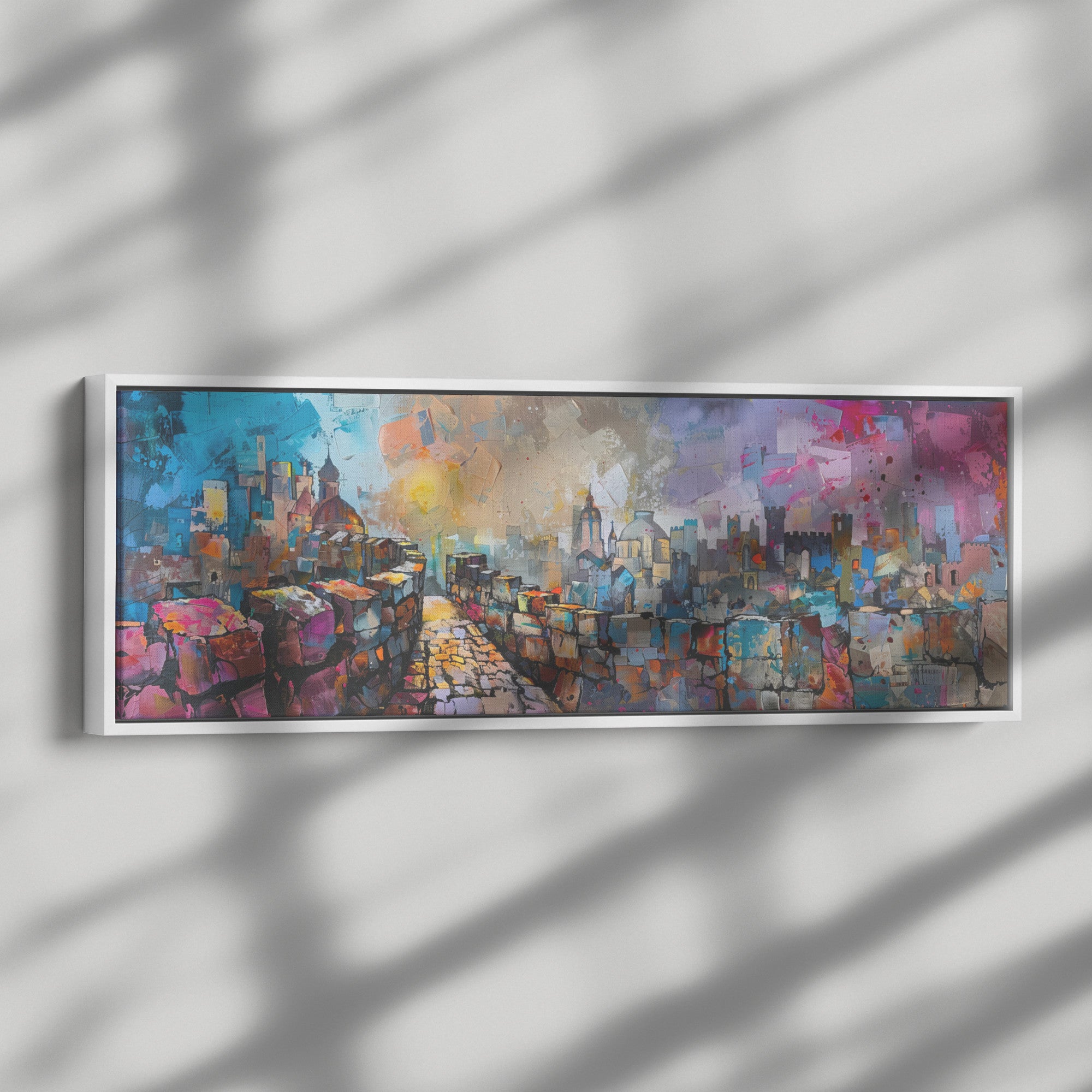 Jerusalem Painting Panoramic Framed Canvas Ready to Hang, Jerusalem Art Canvas Judaica Wall Art Home Decor Jewish Original Painting