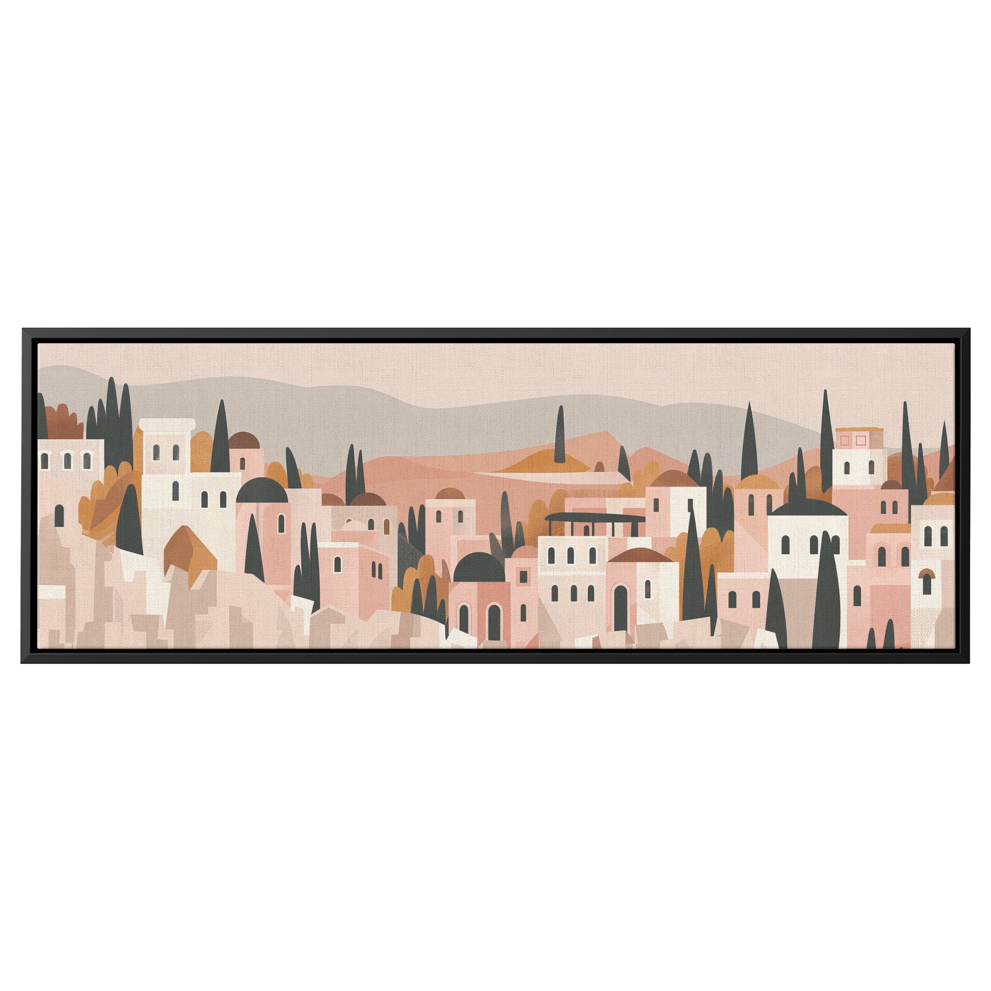 ציור ירושלים קנבס ממוסגר פנורמי מוכן לתלייה, קנבס אמנות ירושלים יודאיקה עיצוב קיר לבית, עיצוב קיר ציור יהודי