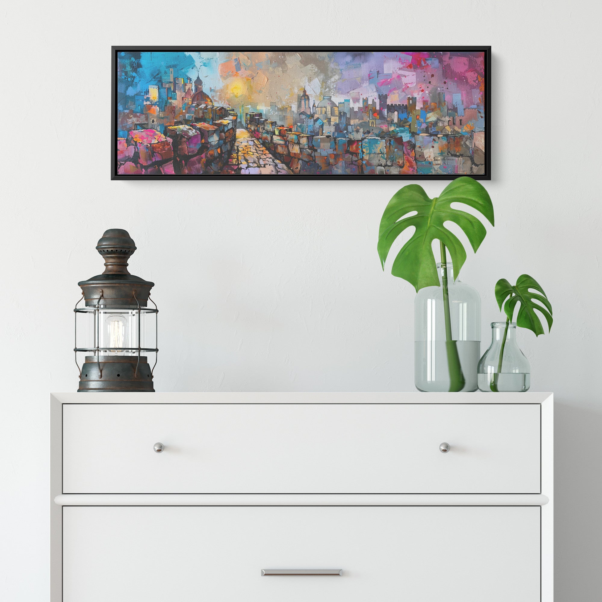 Jerusalem Painting Panoramic Framed Canvas Ready to Hang, Jerusalem Art Canvas Judaica Wall Art Home Decor Jewish Original Painting
