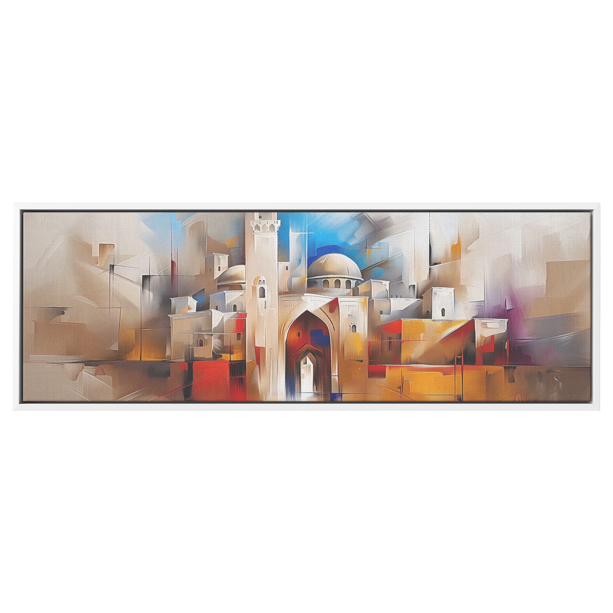 ציור ירושלים קנבס ממוסגר פנורמי מוכן לתלייה, קנבס אמנות ירושלים יודאיקה עיצוב קיר לבית, עיצוב קיר ציור יהודי