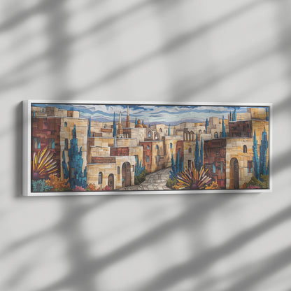 Old City Painting Panoramic Framed Canvas Ready to Hang, Jerusalem Art Canvas Judaica Wall Art Home Decor Jewish Original Painting