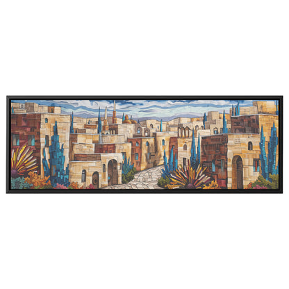Old City Painting Panoramic Framed Canvas Ready to Hang, Jerusalem Art Canvas Judaica Wall Art Home Decor Jewish Original Painting