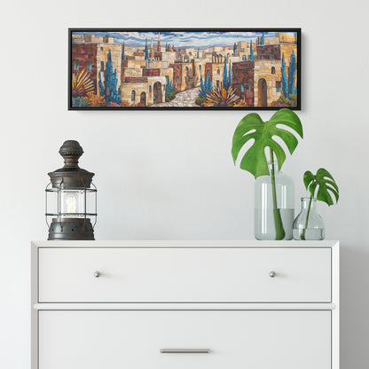 Old City Painting Panoramic Framed Canvas Ready to Hang, Jerusalem Art Canvas Judaica Wall Art Home Decor Jewish Original Painting