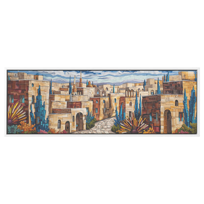 Old City Painting Panoramic Framed Canvas Ready to Hang, Jerusalem Art Canvas Judaica Wall Art Home Decor Jewish Original Painting