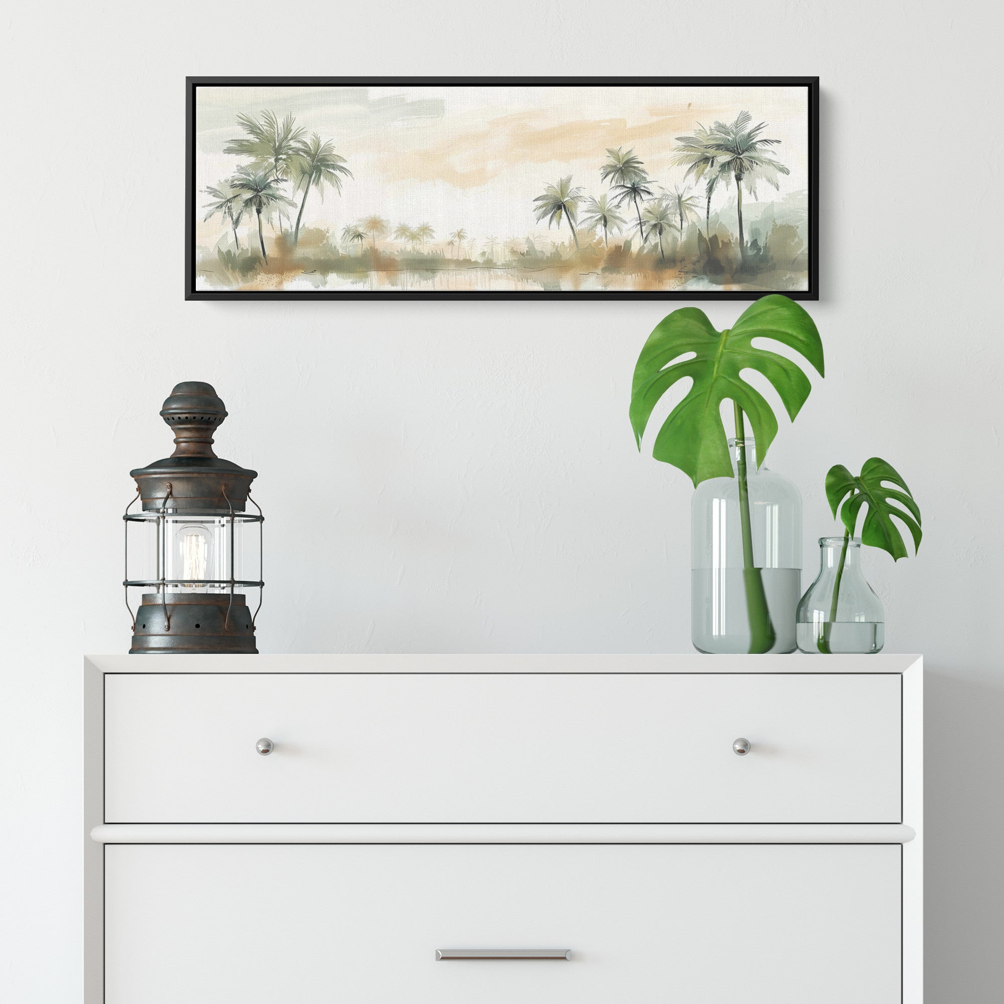 Palm Trees Painting Panoramic Framed Canvas Ready to Hang, Israeli Art Canvas Israel Wall Art Home Decor, Judaica Painting Wall Decor