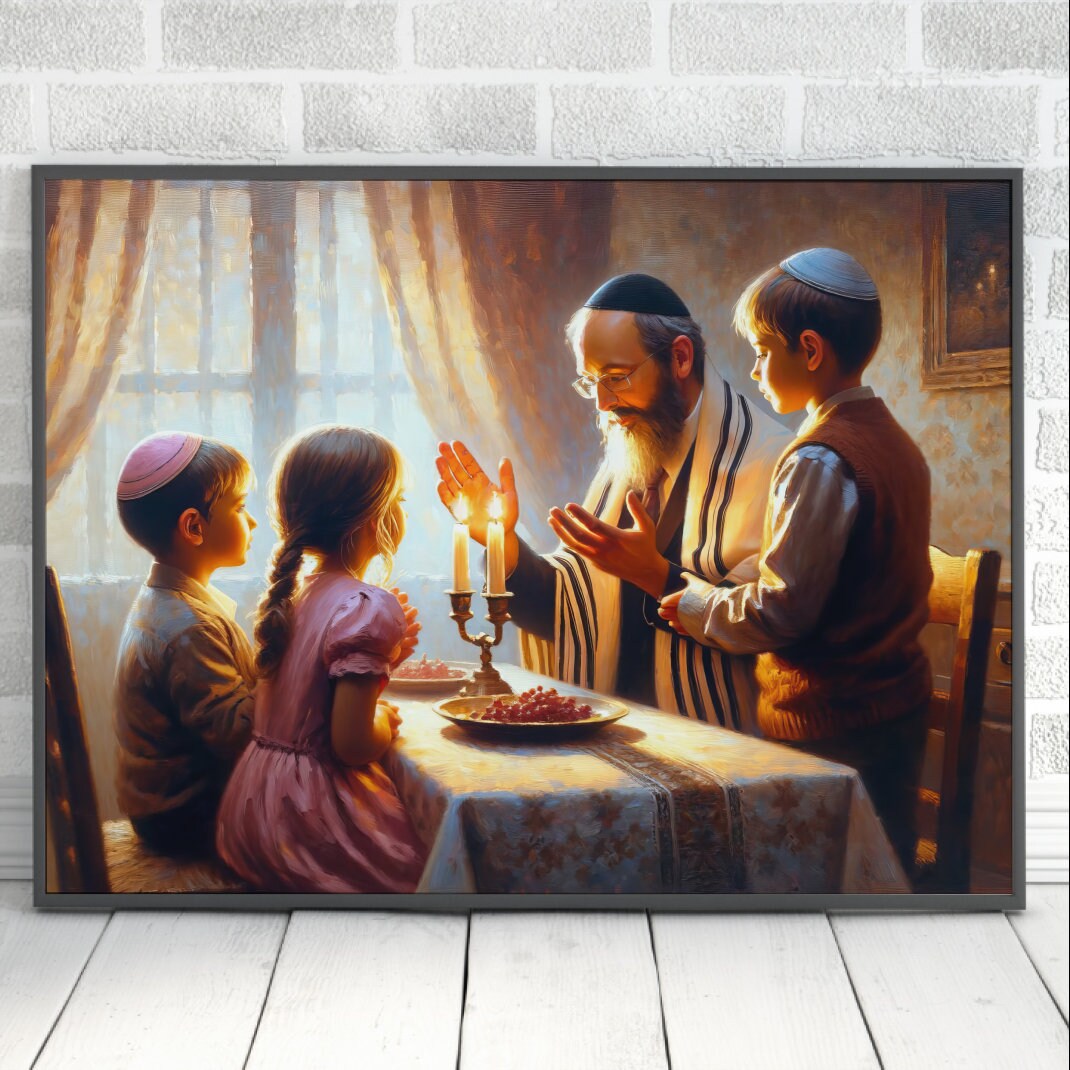 Shabbat Father With Kids Painting Digital Art